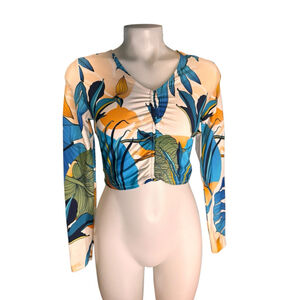 Women's CALIA S White Blue Multi Botanical Print Long Sleeve Rash Guard